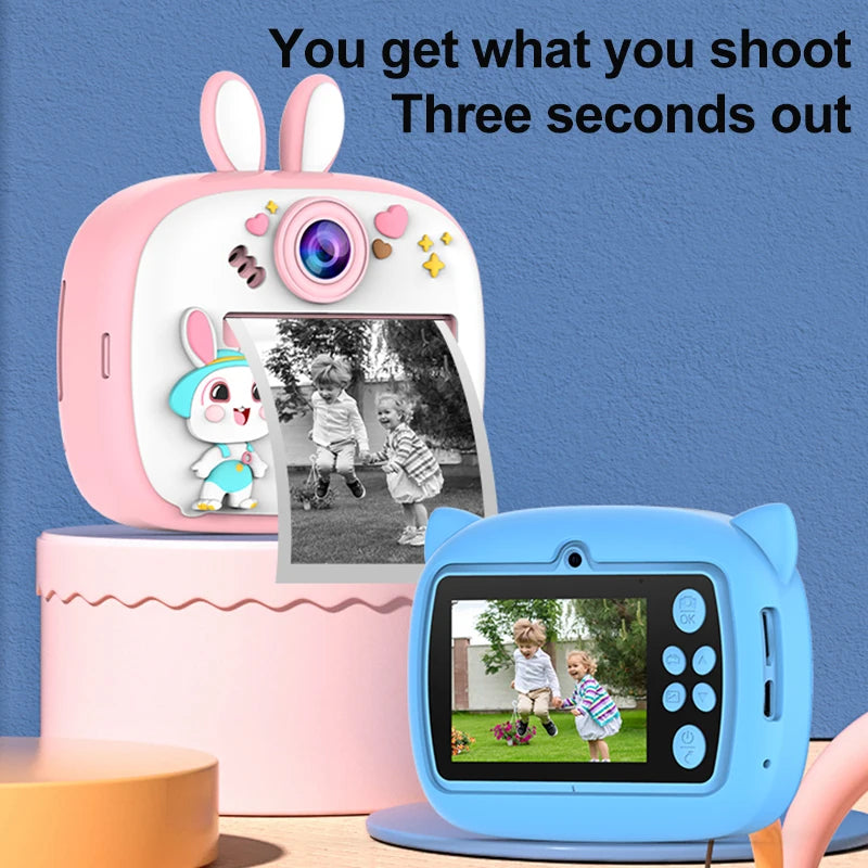 Children Digital Camera Instant Print for Kids Thermal Print Rabbit Camera Instant Photo Printing Camera Video Toys+32G Memory