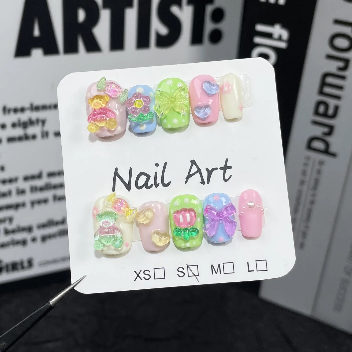 10Pcs Short Handmade Cute Press on Nails Sweet French Rhinestone