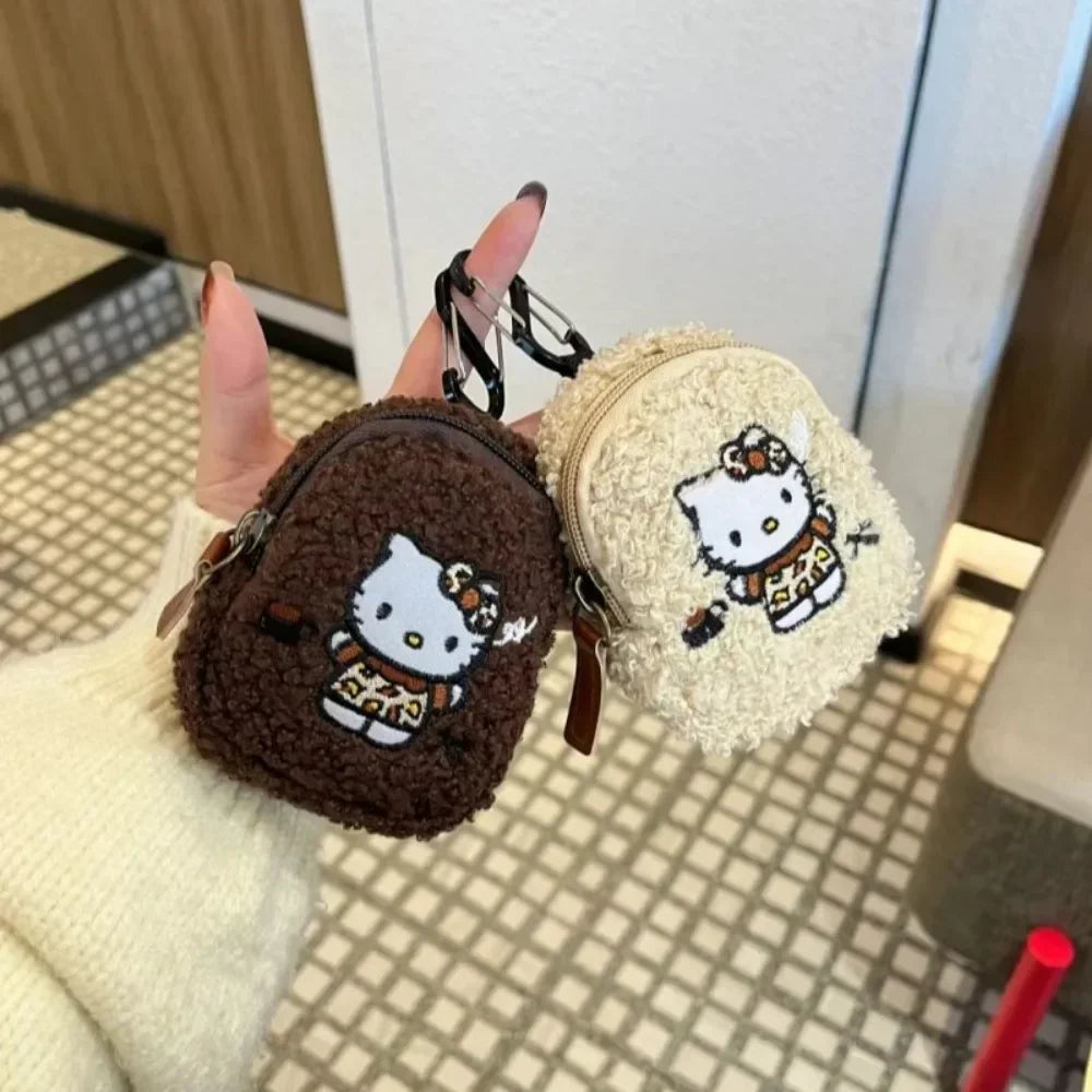Hello Kitty Plush Coin Purse Miniso Earphone Bag New Cartoon Fashion Versatile Embroidered Wool Style Lipstick Storage Handbag