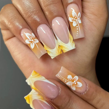 24Pcs False Nails Long Coffin Ballet French with Rhinestones Wearable Fake Nails Blue Flower Full Cover Press on Nails Tips Art