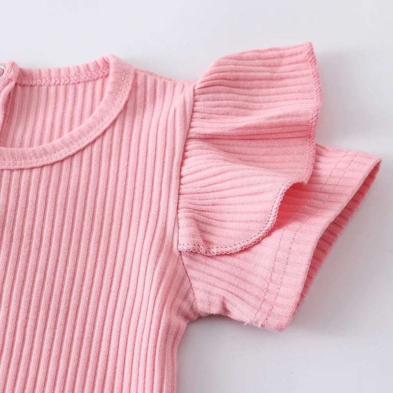 3Pcs Summer Girl Clothes Set Short Sleeve Romper Floral Dress Overalls Headband