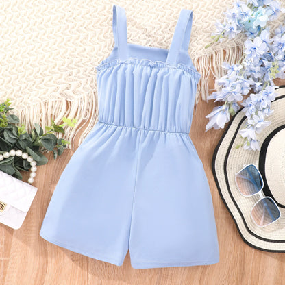 Girls Casual Solid Button Decor Sleeveless Jumpsuit Romper For Summer Gift