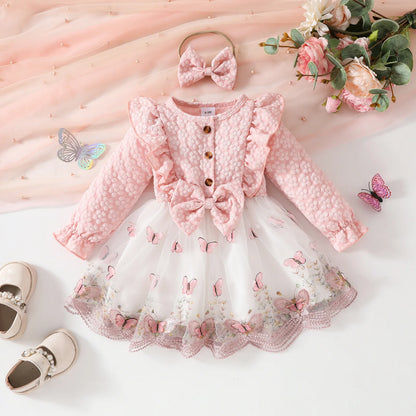 Baby Dresses Birthday Party Costume Pink Jacquard Cardigan Coat and Lace Butterfly Dress For Girls Newborns Infants Clothes