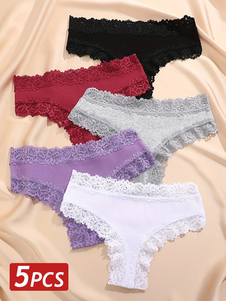 5PCS/Set Women Cotton Panties Sexy Lace Brazilian Panties Low Waist Elastic Thongs Female Comfortable Underwear Solid Color S-XL