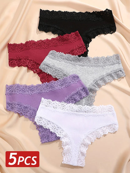 5PCS/Set Women Cotton Panties Sexy Lace Brazilian Panties Low Waist Elastic Thongs Female Comfortable Underwear Solid Color S-XL