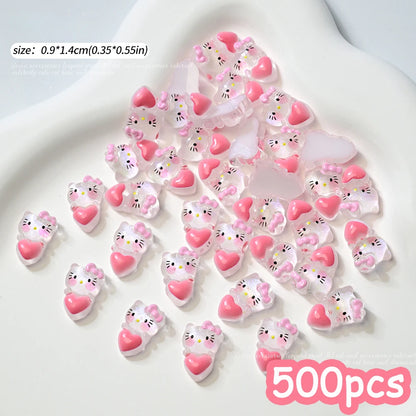 500pcs Cute Sanrio Nail Art Charms 3D Pink Bow Hello Kitty Cinnamoroll Nail Decoration