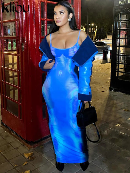 Shiny Print Maxi Dress Women Sexy Hipster Sleeveless Body-shaping Dress