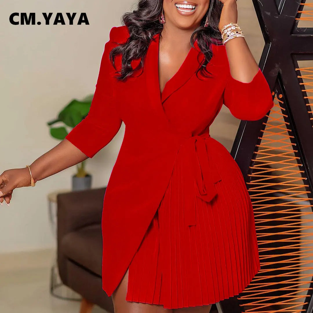 Women Lace Wrap Notched Neck Pleated Blazer Style Dress