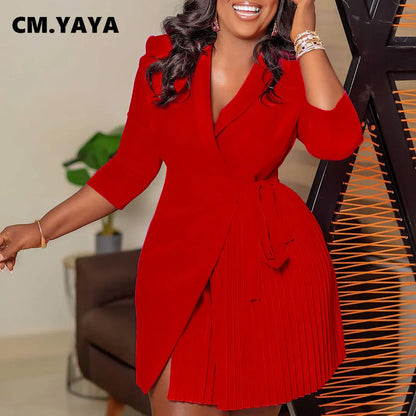 Women Lace Wrap Notched Neck Pleated Blazer Style Dress