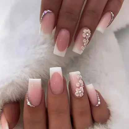 24Pcs Short Square French False Nails with Flower Shiny White Edge Design Pink Glitter Fake Nails Full Cover Press on Nails Tips