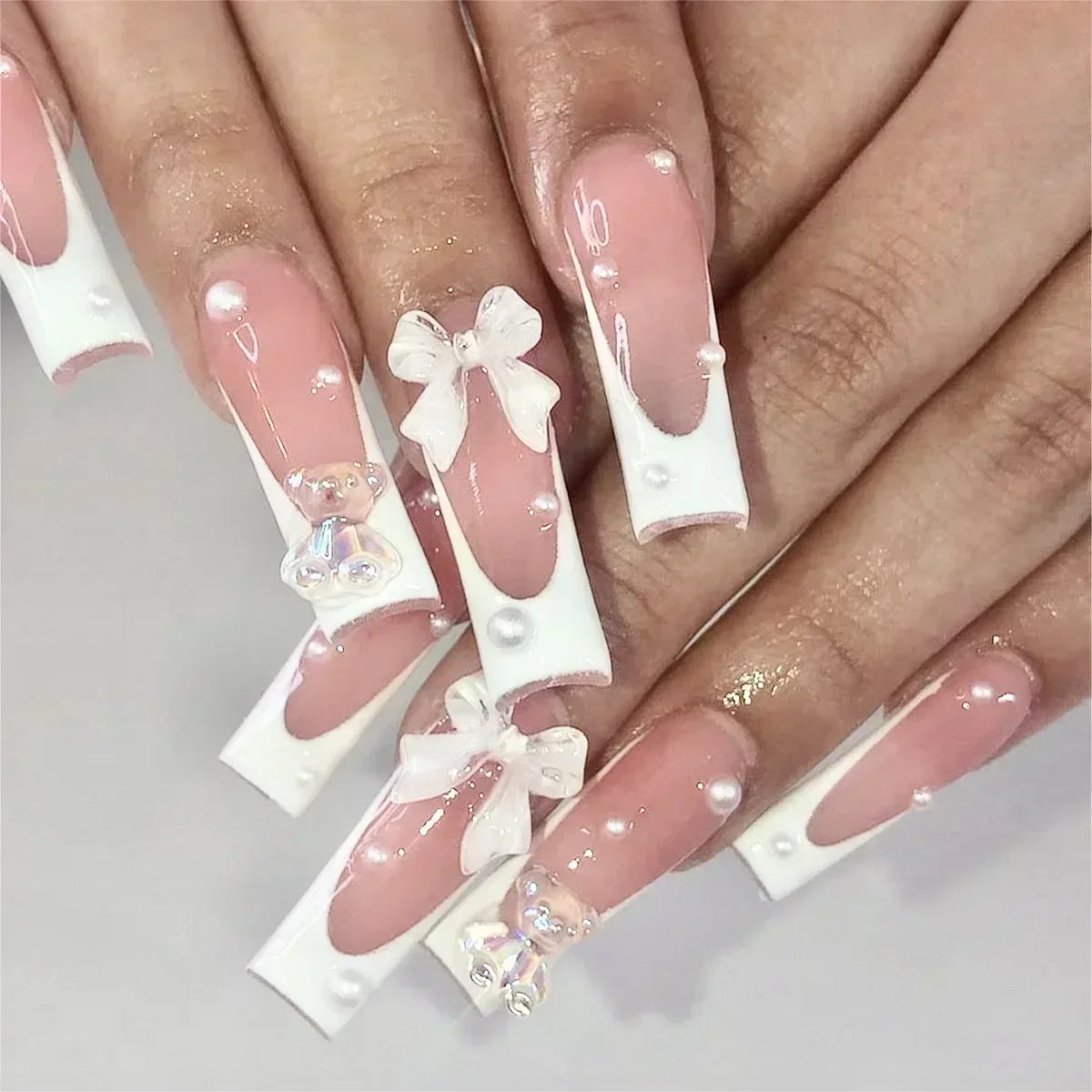 24Pcs Long Ballet French False Nails Pink Butterfly Flower with Rhinestones Wearable Fake Nails Gradient Press on Nail Tips Art