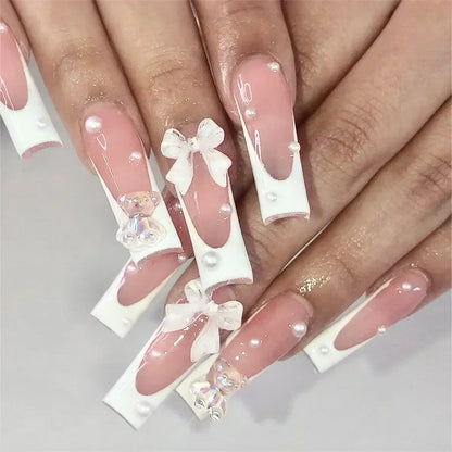 24Pcs Long Ballet French False Nails Pink Butterfly Flower with Rhinestones Wearable Fake Nails Gradient Press on Nail Tips Art