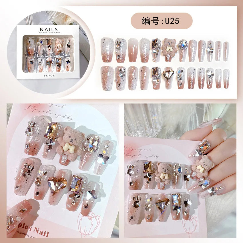 24pcs Luxury Mid-Long Ballet False Nails Set Glittering Rhinestone+Handmade Flowers Press-on Fake Nail Glossy Patch For Bridal