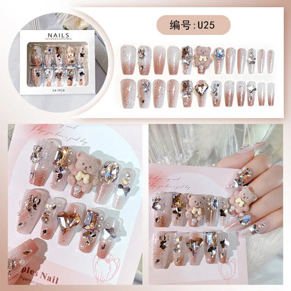 24pcs Luxury Mid-Long Ballet False Nails Set Glittering Rhinestone+Handmade Flowers Press-on Fake Nail Glossy Patch For Bridal