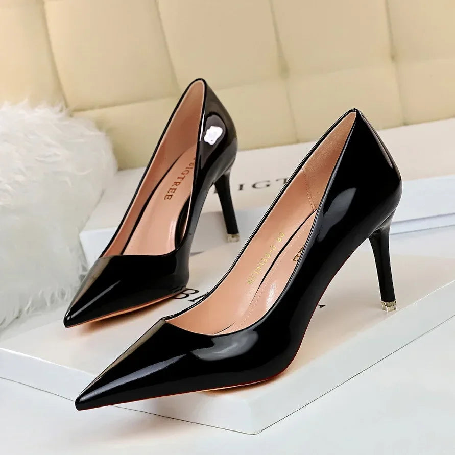 Fashion Spring Autumn Women High Heels Slip On Patent Leather 7.5CM Thin Heels Mature Women Modern Middle Heels Dress Shoes
