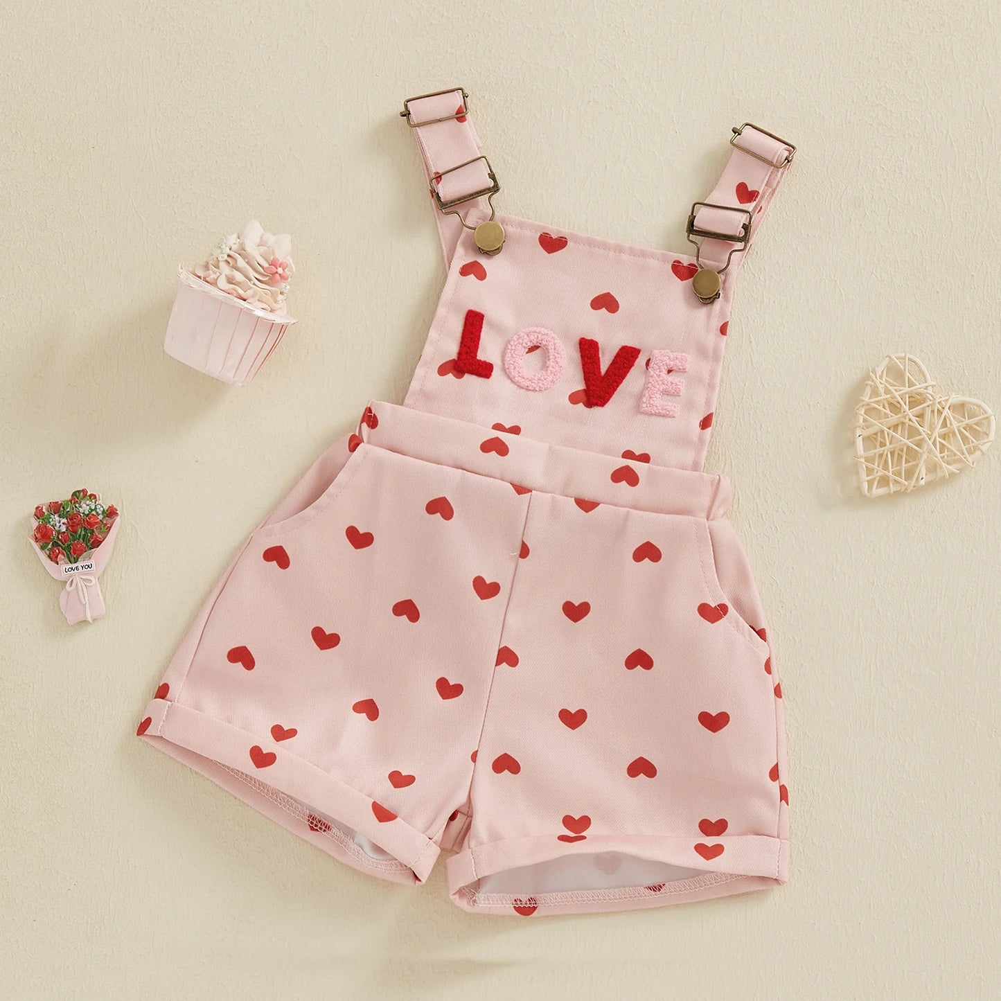 Sweet Kids Girls Suspender Jumpsuit Romper Princess Heart Print Letter Embroidery Toddler Overalls Shorts Playsuits