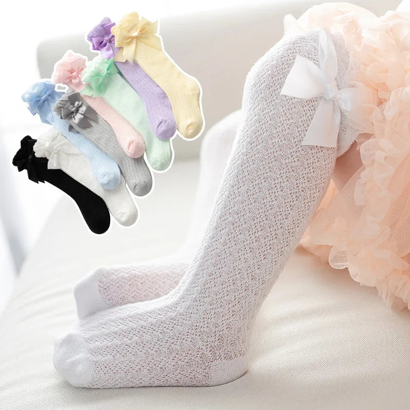 1 Pairs For Baby Girls Socks Summer Kids Knee High Long Sock Children Bow Tie Out Cotton Mesh Socks Infant Thin Soft Solid Socks