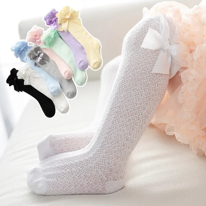 1 Pairs For Baby Girls Socks Summer Kids Knee High Long Sock Children Bow Tie Out Cotton Mesh Socks Infant Thin Soft Solid Socks