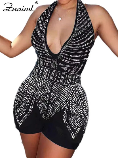 Gorgeous Deep V Neck Rhinestone Halter Bandage Playsuits Women Crystal Short Jumpsuits Rompers