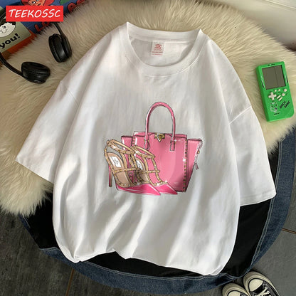 Fashionable Bags And Pink High Heels Print Men Tees Graphic Art T-Shirts High-Quality Cotton Tee Shirt Cotton Loose Clothing