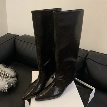 Eilyken Sexy Winter Pointed Toe Women Knee-High Long Boots Street Style Slip-On Thin Low Heels Wedding Banquet Shoes