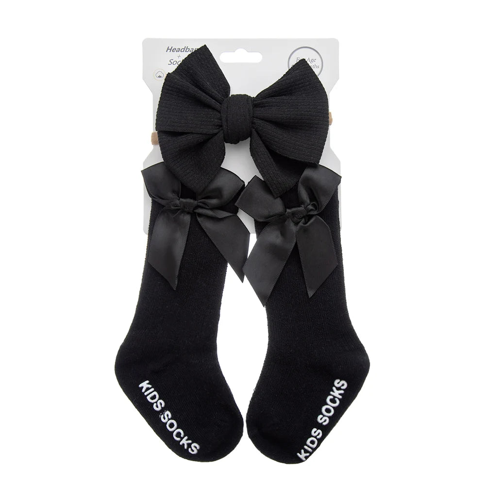 3Pcs/Set Baby Cotton Knee Socks Silk Stain Hair Bow Headbands Non-slip 0-12M Long Leggings Stockings Nylon Hairbands Infant Sock