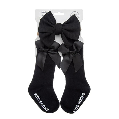 3Pcs/Set Baby Cotton Knee Socks Silk Stain Hair Bow Headbands Non-slip 0-12M Long Leggings Stockings Nylon Hairbands Infant Sock