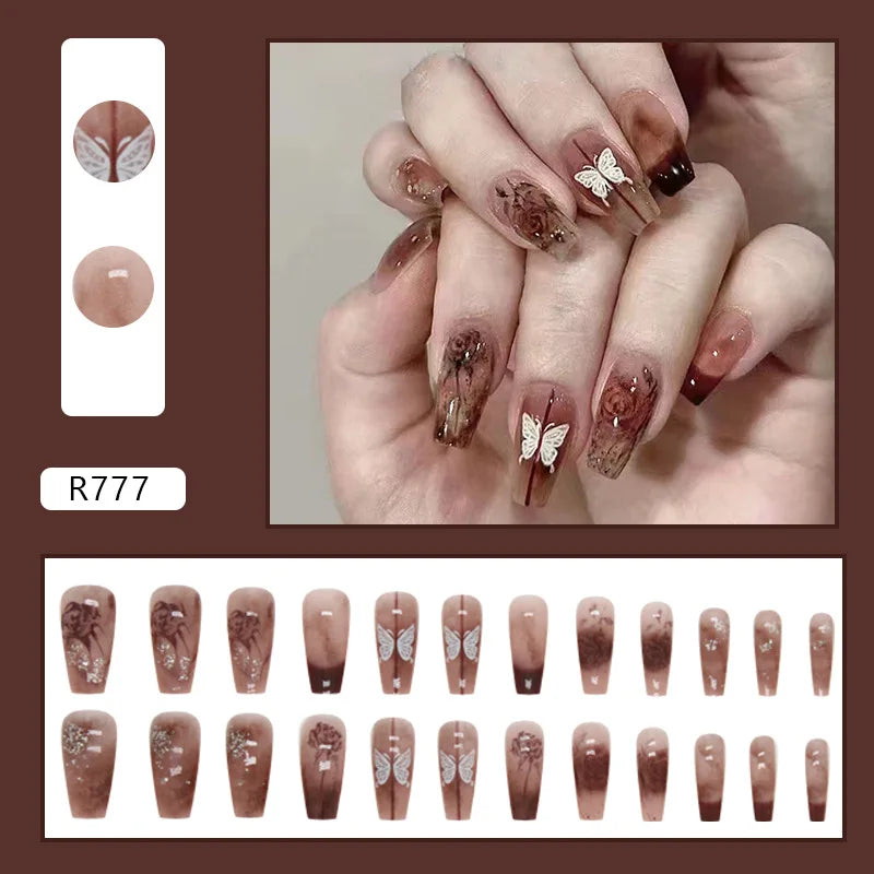 Sweet Mountain Tea Wearable Pink Press On Fake Nails Tips With Glue false nails design Butterfly Lovely Girl false nails