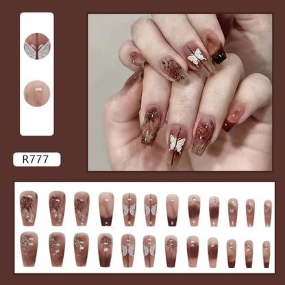 Sweet Mountain Tea Wearable Pink Press On Fake Nails Tips With Glue false nails design Butterfly Lovely Girl false nails