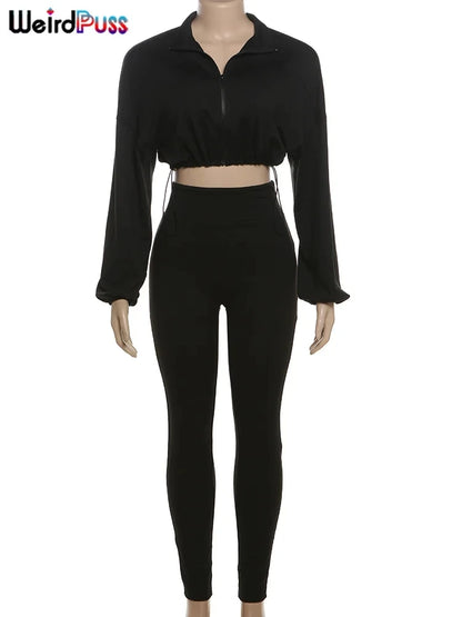 Weird Puss Autumn Women 2 Piece Set Casual Tracksuit Zipper Thin Drawstring Jacket+Leggings Matching Streetwear Sporty Suit