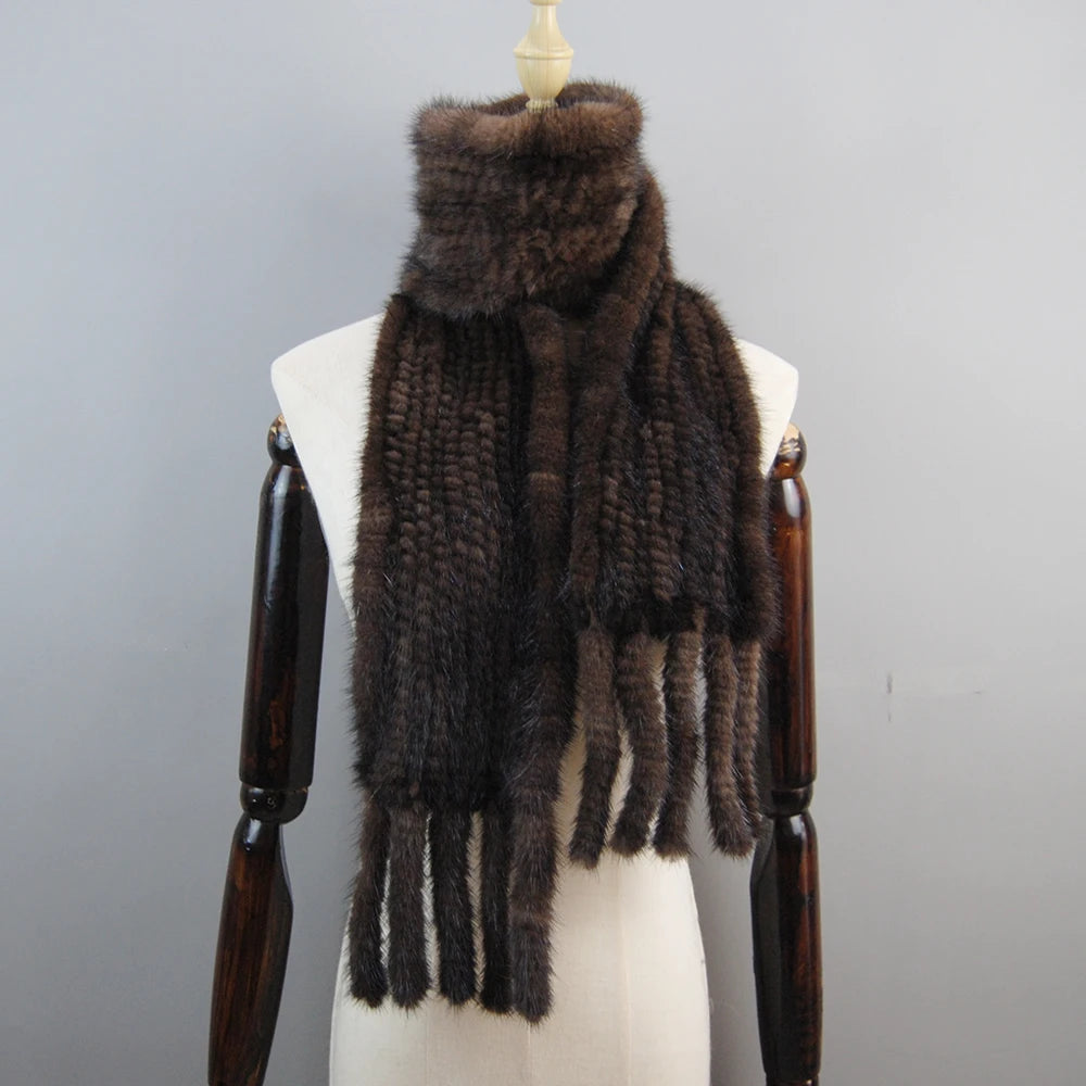 2025 Luxury Women Muffler 100% Real Mink Fur Scarf With Tassel Hand Knitted Natural Mink Scarves Neck Warmer Poncho Wholesale