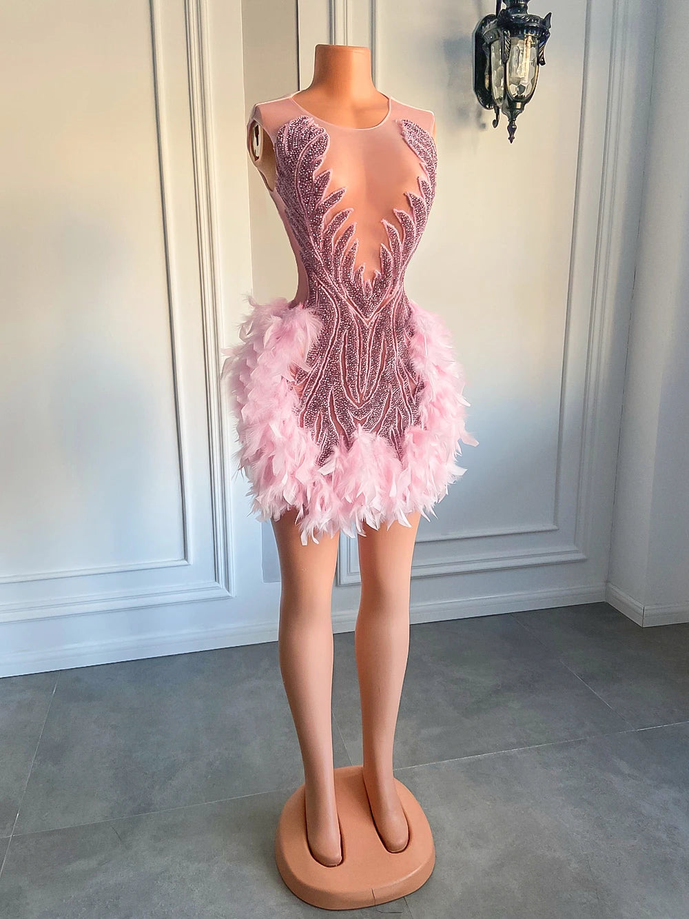 Luxury Sheer Neckline Women Cocktail Dress Pink Feather Black Girl Short Prom Dresses
