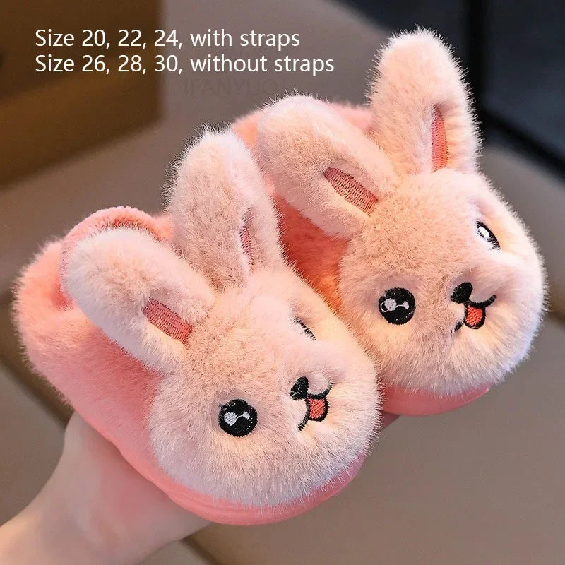 New Winter Rabbit Girls Cotton Slippers Cute Cartoon Anti Slip Soft Bottom Boys Plush Slippers Fashionable Warm Baby Strap Boots