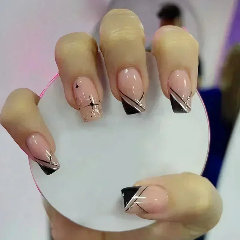 24Pcs Short Square French False Nails with Flower Shiny White Edge Design Pink Glitter Fake Nails Full Cover Press on Nails Tips