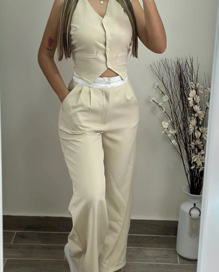 Casual Sexy Elegant V-Neck Buttoned Vest Top & Pocket Design Pants Set Womens Two Piece Sets Outfit