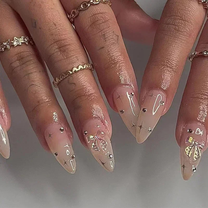 24Pcs Pink Almond French Press on Nails With 3D Bow ripple charms Design Fake Nails Ballerina False Nails Full Cover Nail Tips