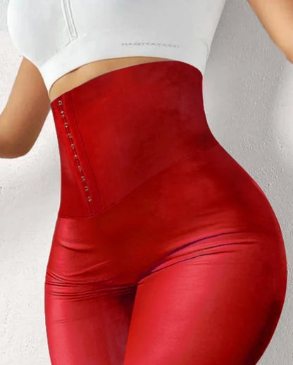 Xiamen Girls' New Hook Up Liquid Gloss Sauna Sweat Pu Leather High Waisted Tight Pants In Stock