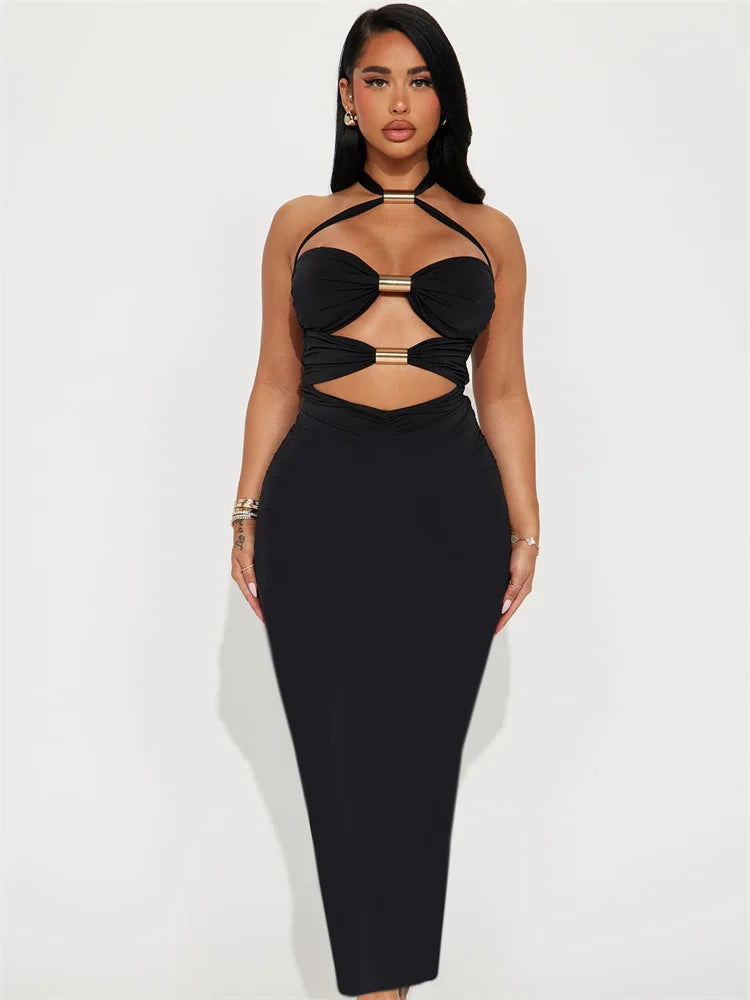 Weird Puss Metal Rings Patchwork Women Lace-Up Halter Sexy Hollow Sleeveless