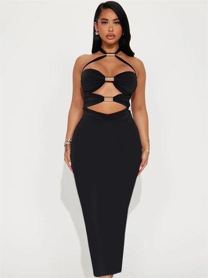 Weird Puss Metal Rings Patchwork Women Lace-Up Halter Sexy Hollow Sleeveless