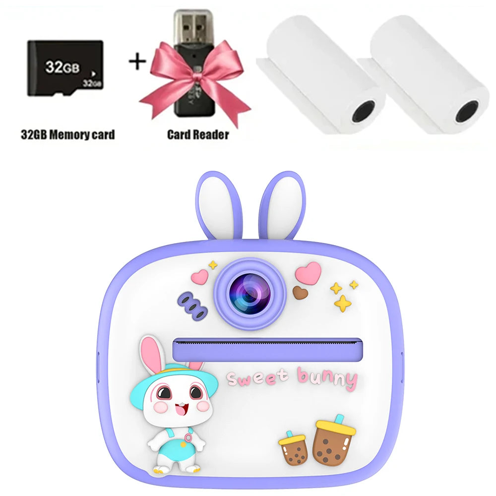 Children Digital Camera Instant Print for Kids Thermal Print Rabbit Camera Instant Photo Printing Camera Video Toys+32G Memory