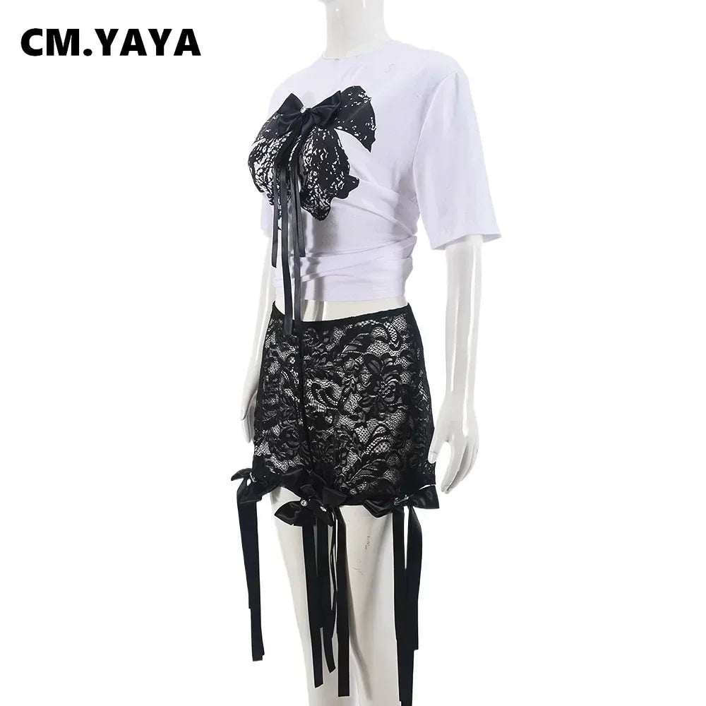 Bow O-Neck short sleeve Tops and lace Shorts Suits Streetwear m 2025