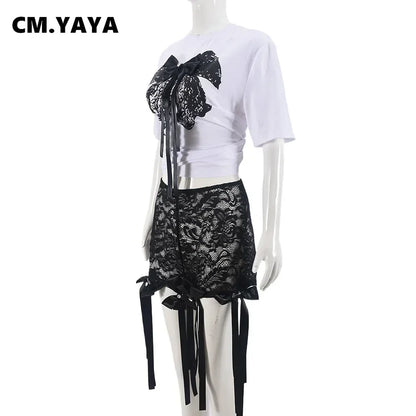 Bow O-Neck short sleeve Tops and lace Shorts Suits Streetwear m 2025
