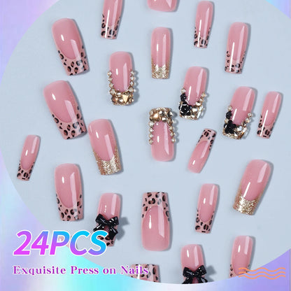 24pcs long square nail, flash diamond jewelry, black ribbon decoration, leopard print fake nail black flower press On nail