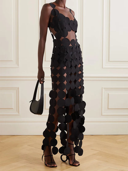 Hollow Out Sexy Square Collar Sleeveless High Waist Dot Dress