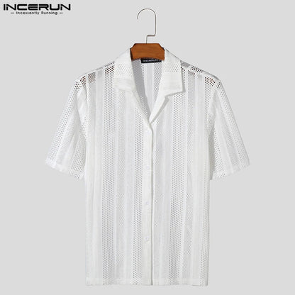 INCERUN Men's Shirt Mesh Transparent Lapel Short Sleeve