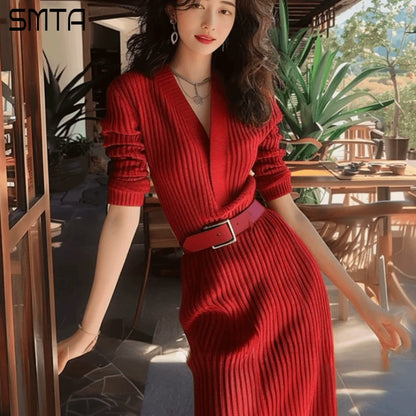 Red Knitted Sweater Dresses for Women V-Neck Long Sleeve Belted Night Club Party Dress Autumn