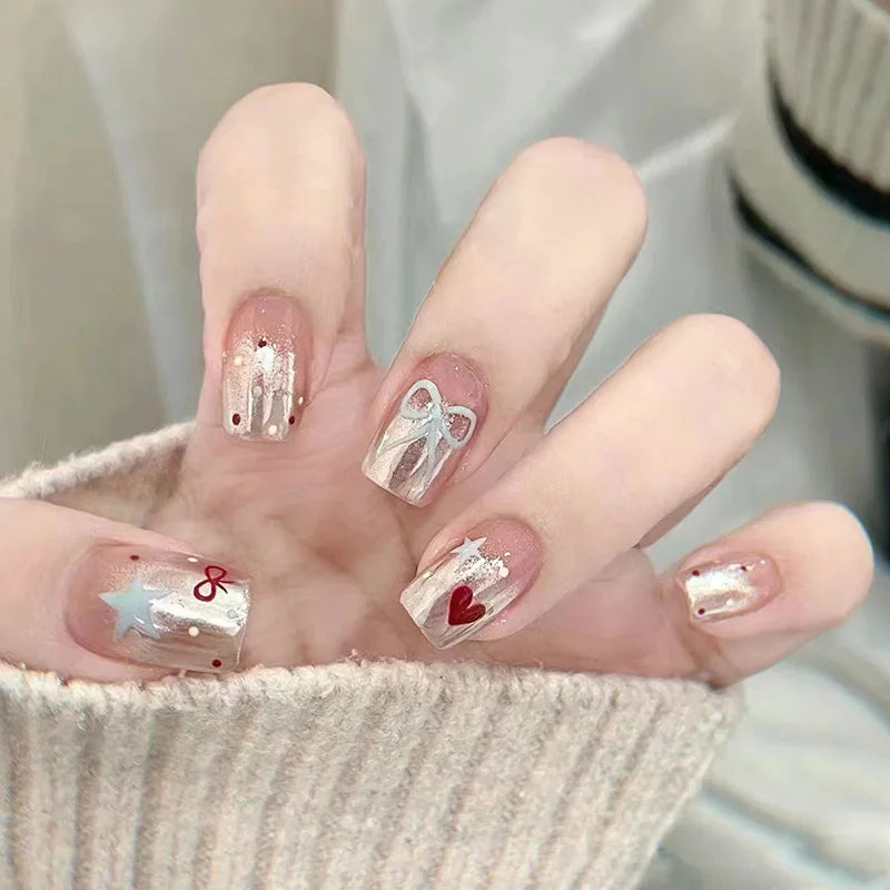 24Pcs Wearable French Fake Nails with Glue Simple Square False Nail Pink Short Detachable Press on Nail Tips Nude Manicure