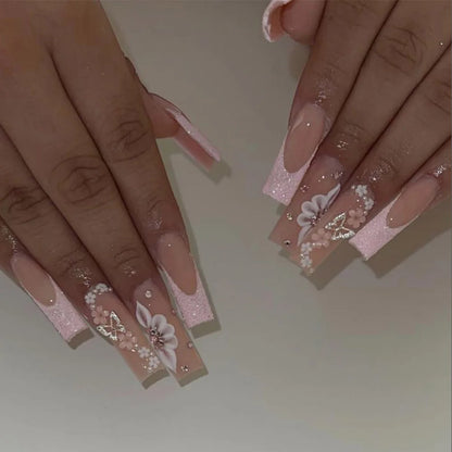 24Pcs Leopard Print Design False Nails with Bow Rhinestone Long Square Press on Nails Wearable French Ballet Fake Nail Tips