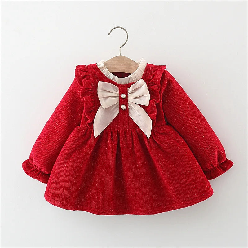 Winter Newborn Girls Clothes Korean Fashion Bow Cute Fleece Warm Thick Long Sleeve Red Baby Dress
