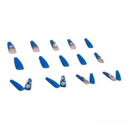 24Ps Super Long Ballet Wearable Fake Nails Blue Diamond Small Flower Press on Nail Stickers Finished Removable False Nail Pieces